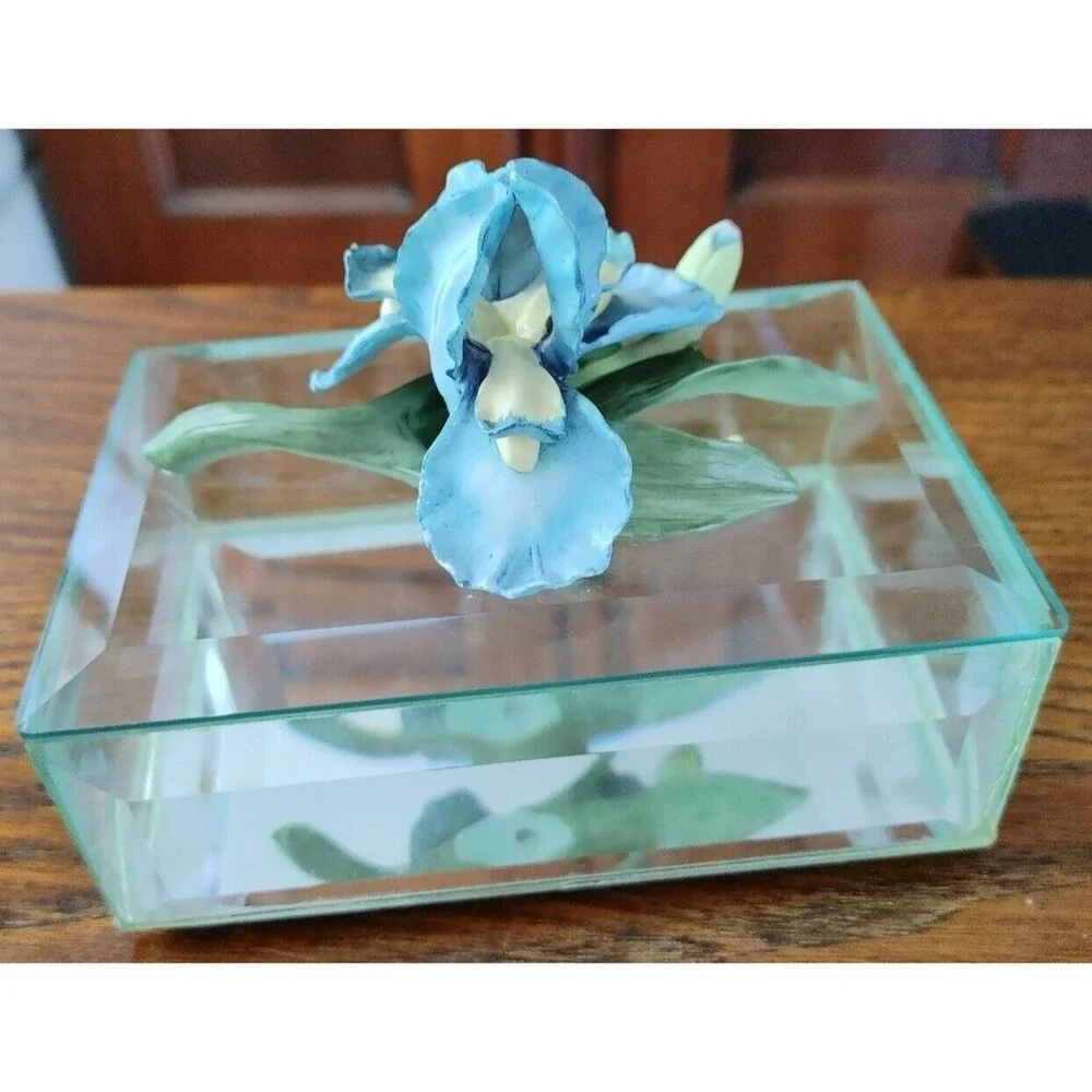 LEFTON Clear Crystal Glass Trinket Blue Iris Top Birthday Valentine Gift Idea
